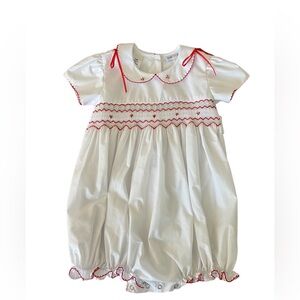 LuLu BeBe Baby Girl White Smocked Christmas Bubble Size 24 mo Ribbon Keepsake